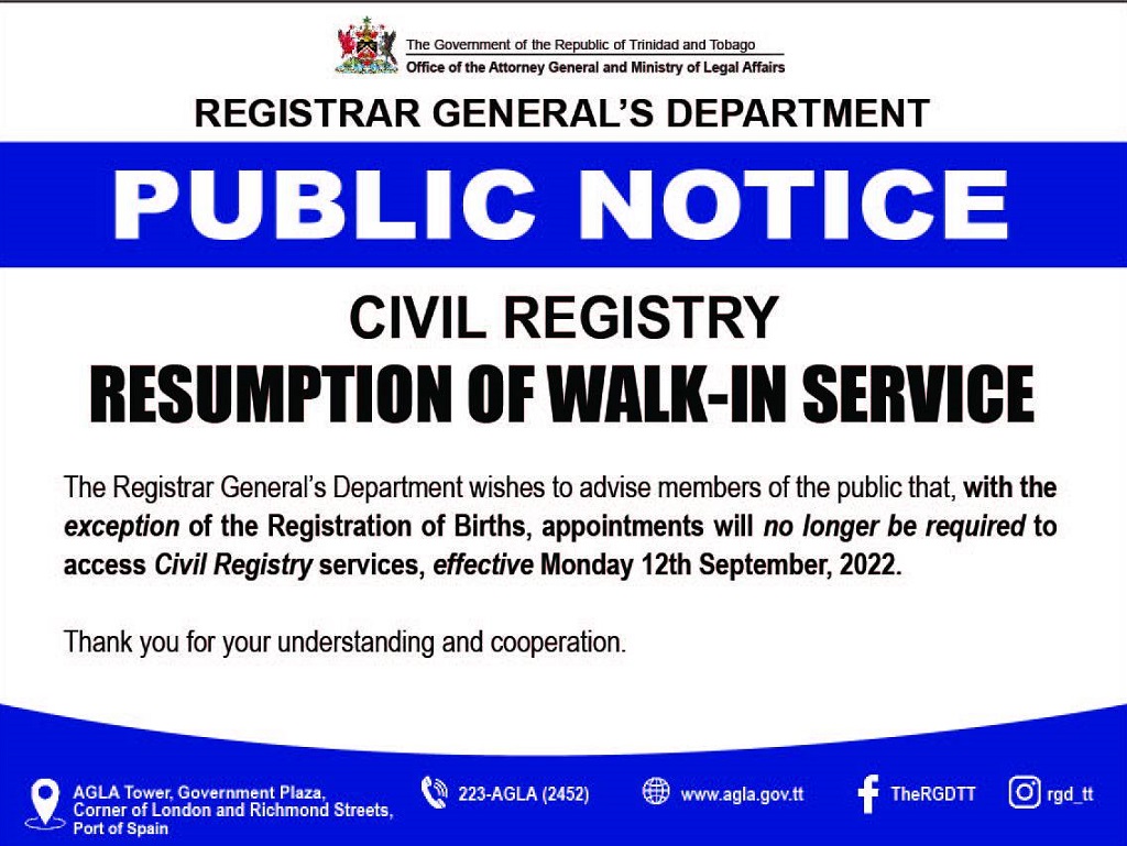 Civil registry resumes walk-in services | Loop Trinidad & Tobago