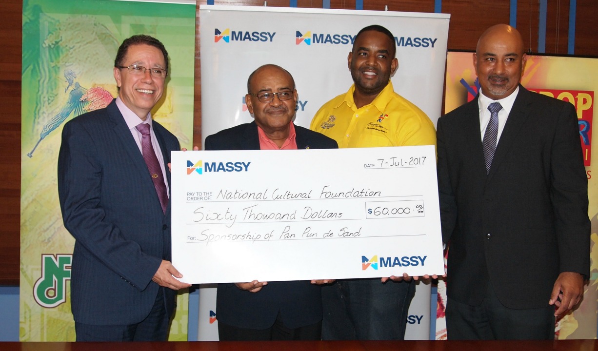 (L-R) Allan Herbert, General Manager Massy Loyalty; Cranston Browne, National Cultural Foundation; Randy Eastmond, Producer of Pan Pun de Sand; Mark Doherty, Director Sales & Marketing, Massy Distribution;