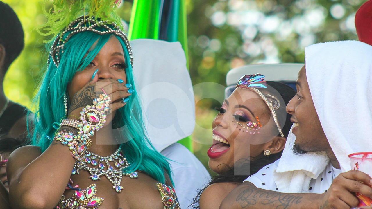 Rihanna with friends on the truck in Aura Experience band during Grand Kadooment.