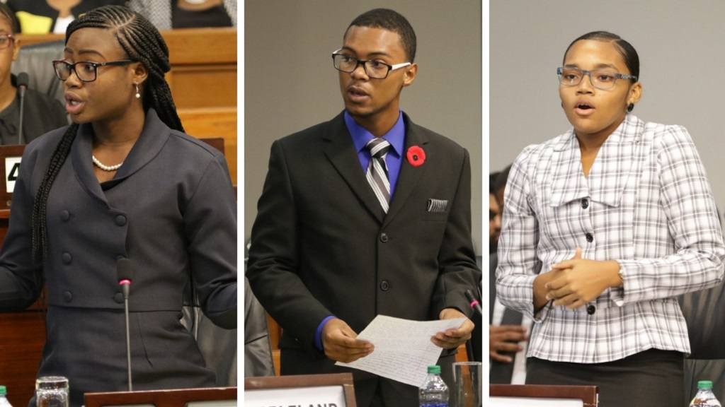 Photo L-R: Students Maya London, Zion Freeman and Tamika Thomas took part in the National Youth Parliament debate on November 12, 2018.