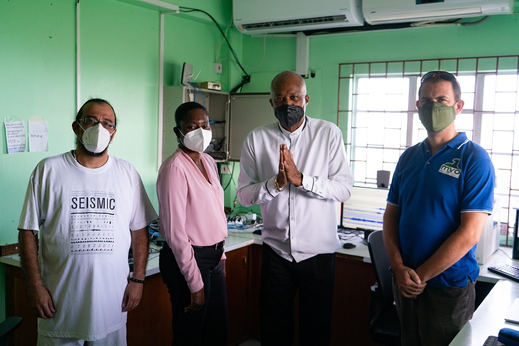 L-R: Dr Ilias Papadopoulos, Engineering Seismologist, UWI-SRC, Houlda Peters, Communications Officer, National Emergency Management Organisation (NEMO), Professor Sir Hilary Beckles, Vice-Chancellor, The UWI, and Dr Adam Stinton, Volcanologist, in the Operations Room at the Belmont Observatory in St Vincent and the Grenadines.