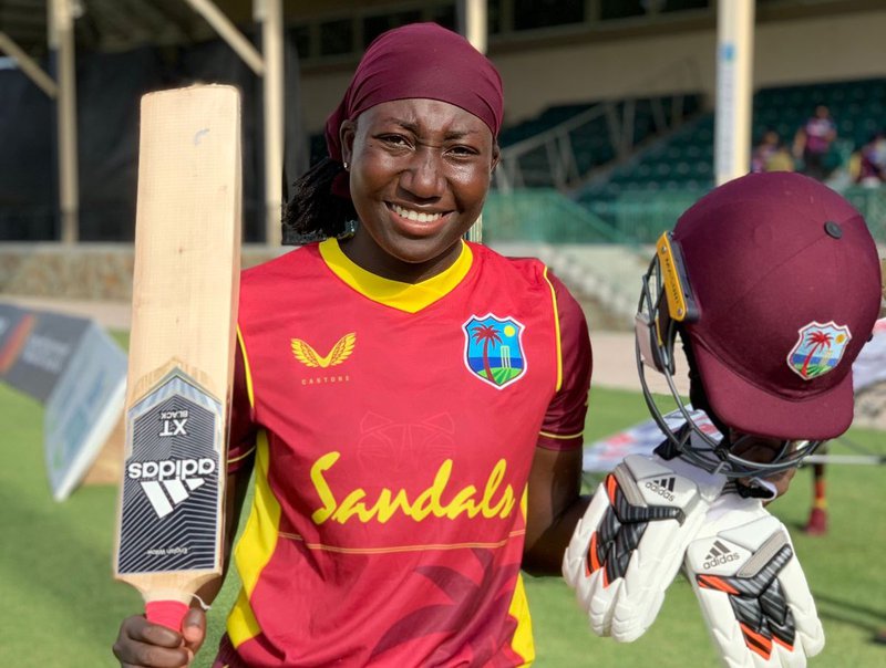 Stafanie Taylor exalts after her sixth ODI century for the West Indies. She scored 105 not out against Pakistan women in the 1st ODI on Wednesday in Antigua. (Photo credit - CWI Media)