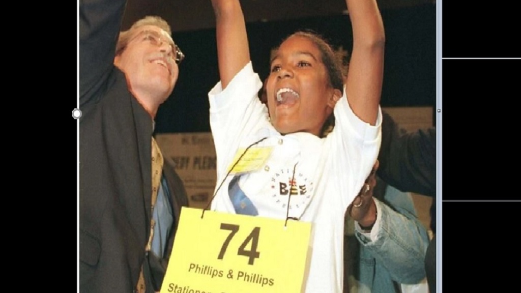 Jody-Ann Maxwell celebrating her Scripps Howard Spelling Bee win in 1998.