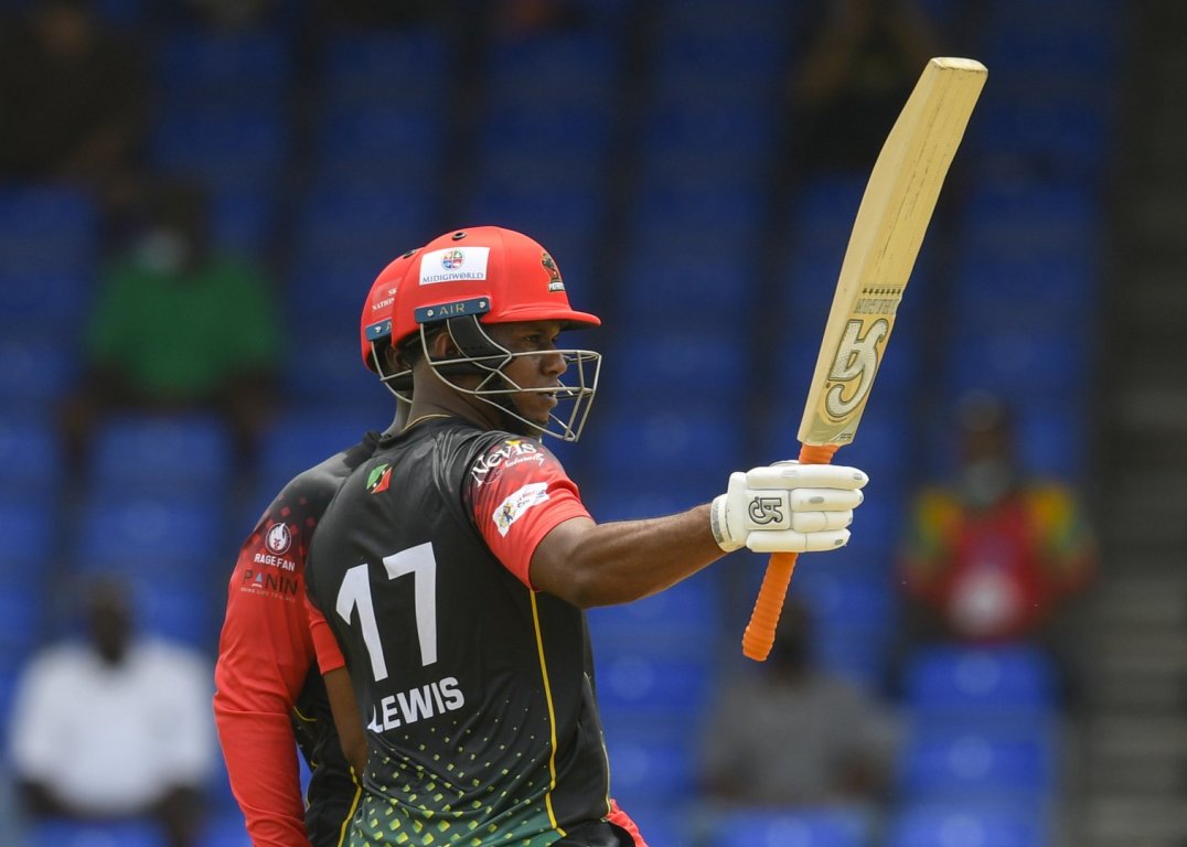 Evin Lewis acknowledges his fifty for St Kitts and Nevis Patriots against the Guyana Amazon Warriors in the 2021 Hero Caribbean Premier League. (CPLT20)
