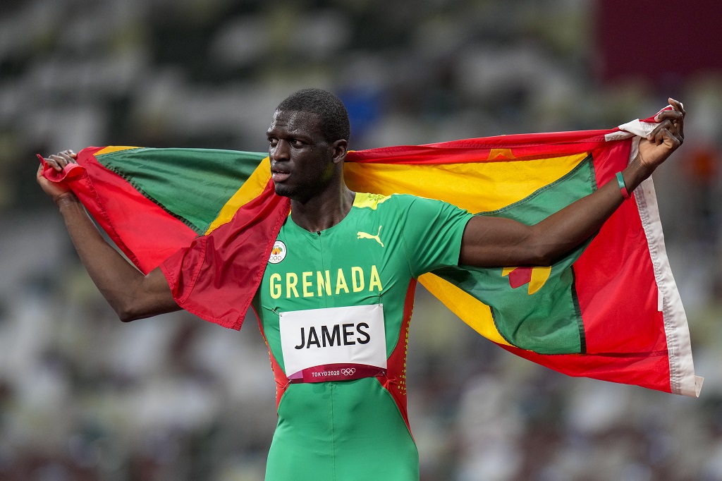 Kirani James, of Grenada, celebrates after winning the bronze medal in the men's 400-metre final at the 2020 Summer Olympics, Thursday, August 5, 2021, in Tokyo. (AP Photo/Petr David Josek)