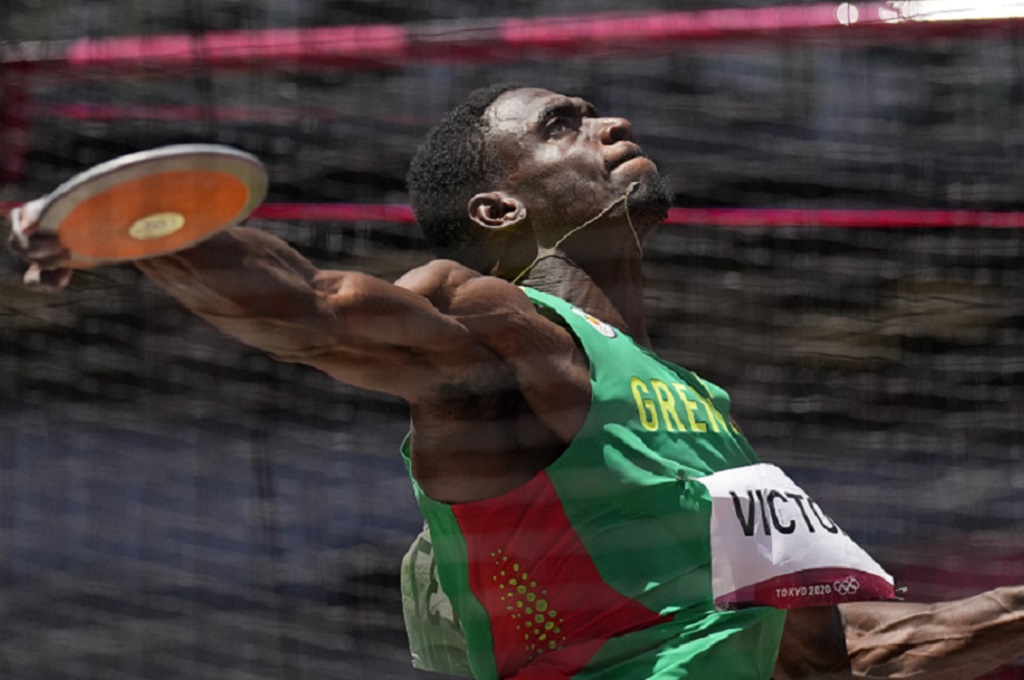 Lindon Victor, of Grenada, competes in the decathlon discus throw at the 2020 Summer Olympics, Thursday, August 5, 2021, in Tokyo. (AP Photo/David J. Phillip)