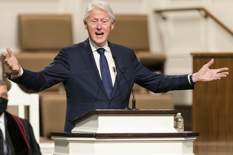 FILE - In this Jan. 27, 2021, file photo, former President Bill Clinton speaks during funeral services for Henry "Hank" Aaron, at Friendship Baptist Church in Atlanta. (Kevin D. Liles/Atlanta Braves via AP, Pool, File)