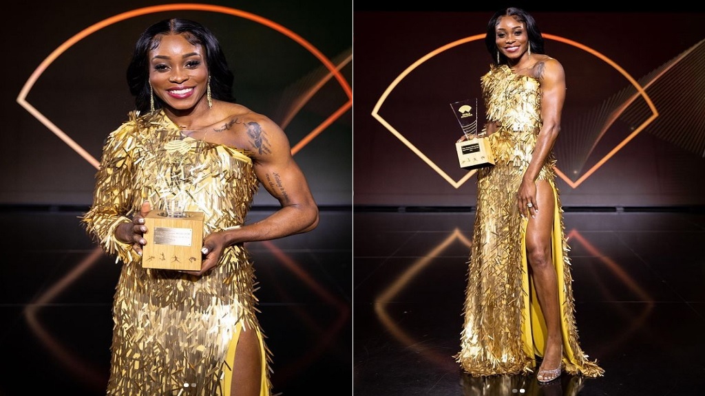 This combination of photos shows Elaine Thompson-Herah with the World Athletics Female Athlete of the Year 2021 award.
