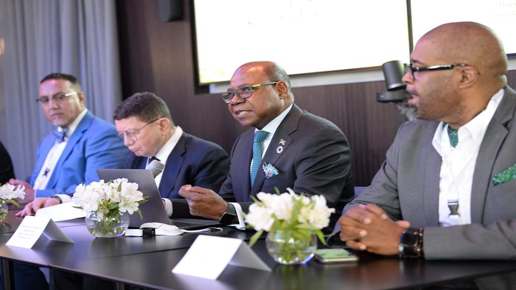 Edmund Bartlett (second right) makes a point at a GTRCMC forum in Dubai, United Arab Emirates, recently. Seated to his right is Dr Talib Rifai. Also captured in the photo are Najib Balala (left), Kenya's Cabinet Secretary for Tourism and Wildlife, and Professor Lloyd Waller, Executive Director of the GTRCMC.