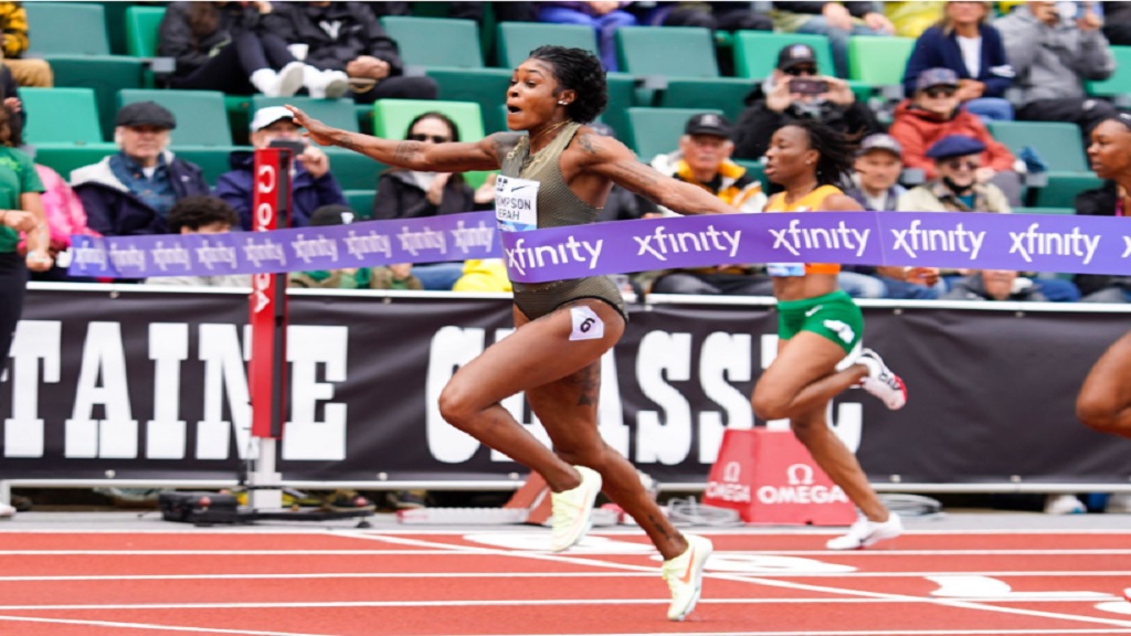 Elaine Thompson-Herah wins the 100m win at the Prefontaine Classic in Eugene, Oregon on Saturday, May 28, 2022. (PHOTO: World Athletics).
