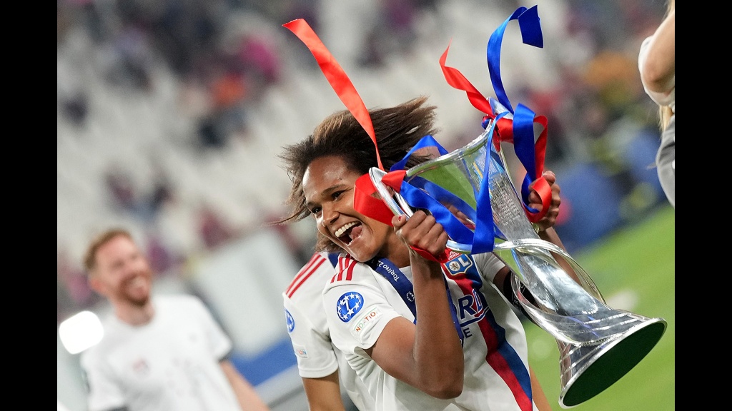 Olympique Lyon's Wendie Renard celebrates after the team wins the Women's Champions League final soccer match between Barcelona and Olympique Lyonnais at Allianz Stadium in Turin, Italy, Saturday, May 21, 2022. (Spada/LaPresse via AP)


