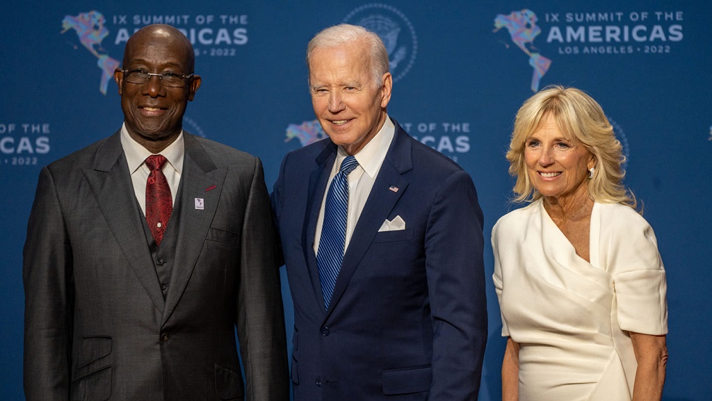 Prime Minister Dr Keith Rowley with US President Joseph Biden and First Lady Jill Biden at the inaugural event of the IX Summit of the Americas in Los Angeles, California on Wednesday, June 8, 2022. Photo: Office of the Prime Minister
