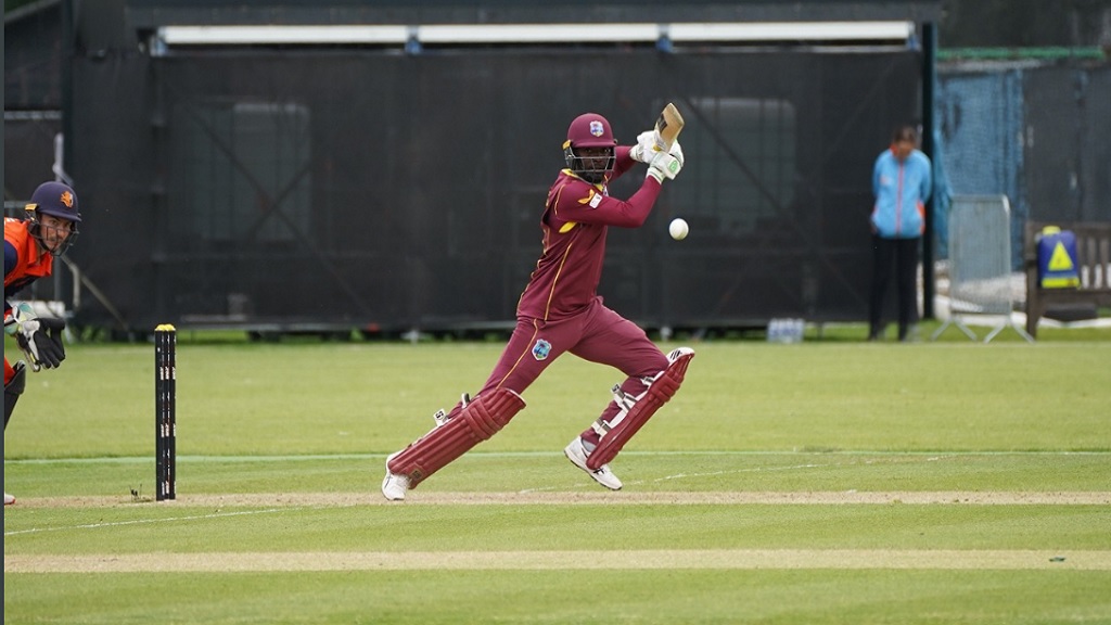 West Indies batsman Shamarh Brooks on the go during his maiden ODI century in the third and final match against Netherlands  in Amstelveen on Saturday, June 4, 2022. (PHOTO: Cricket West Indies).