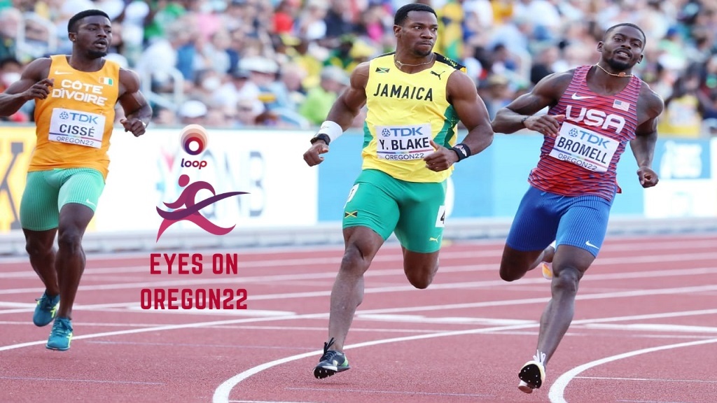 Jamaica's sprinter Yohan Blake (centre) competes in a 100m semifinal heat at the World Athletics Championships in Eugene, Oregon on Saturday, July 16, 2022.  (PHOTO: Marlon Reid).