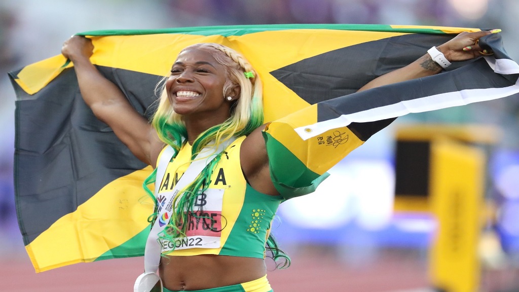 Shelly-Ann Fraser-Pryce, of Jamaica, reacts after winning gold in the final of the women's 100m at the World Athletics Championships on Sunday, July 17, 2022, in Eugene, Oregon. (PHOTO: Marlon Reid).


