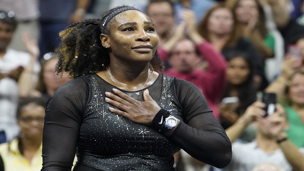 Serena Williams, of the United States, acknowledges the crowd after losing to Ajla Tomljanovic, of Austrailia, in the third round of the U.S. Open tennis championships, Friday, Sept. 2, 2022, in New York. (AP Photo/John Minchillo).