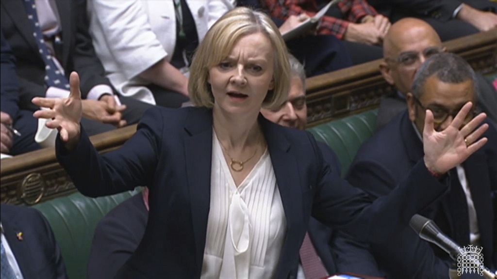 In this grab taken from video from the House of Commons, Prime Minister Liz Truss speaks during Prime Minister's Questions in the House of Commons in London, Wednesday October 19, 2022. (House of Commons/PA via AP)