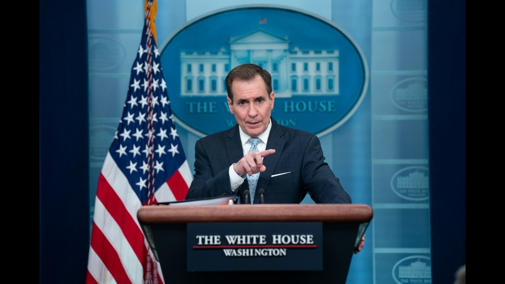 National Security Council spokesman John Kirby speaks during a press briefing at the White House, Monday, February 13, 2023, in Washington. (AP Photo/Evan Vucci)

