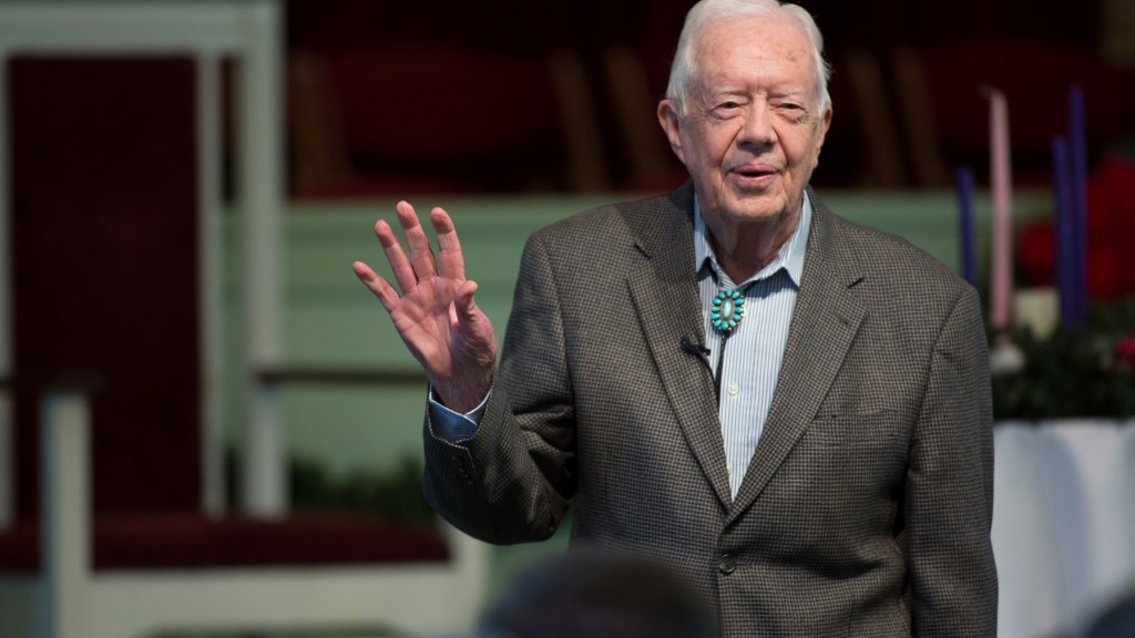 FILE - Former President Jimmy Carter teaches during Sunday School class at Maranatha Baptist Church in his hometown, Sunday, December 13, 2015, in Plains, Georgia. (AP Photo/Branden Camp)