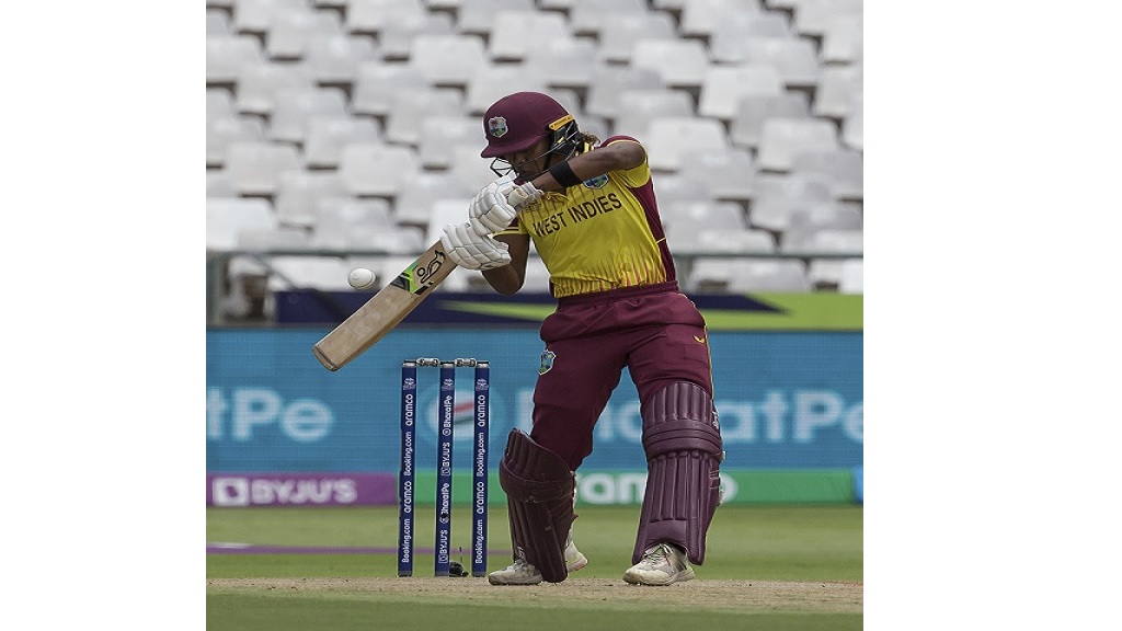 West Indies Hayley Matthews in action against India during the Women's T20 World Cup cricket match in Cape Town, South Africa, Wednesday Feb. 15, 2023.  Matthews returned on Friday to lead her team to a six-wicket victory against Ireland. She scored 66 not out. (AP Photo/Halden Krog)

