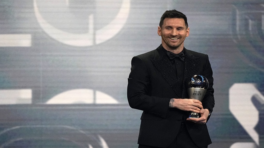 Argentina's Lionel Messi receives the Best FIFA Men's player award during the ceremony of the Best FIFA Football Awards in Paris, France, Monday, Feb. 27, 2023. (AP Photo/Michel Euler).