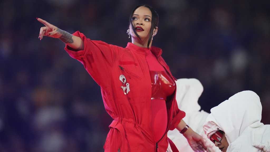 Rihanna performs during the halftime show at the NFL Super Bowl 57 football game between the Kansas City Chiefs and the Philadelphia Eagles, Sunday, February 12, 2023, in Glendale, Ariz. (AP Photo/Ross D Franklin)