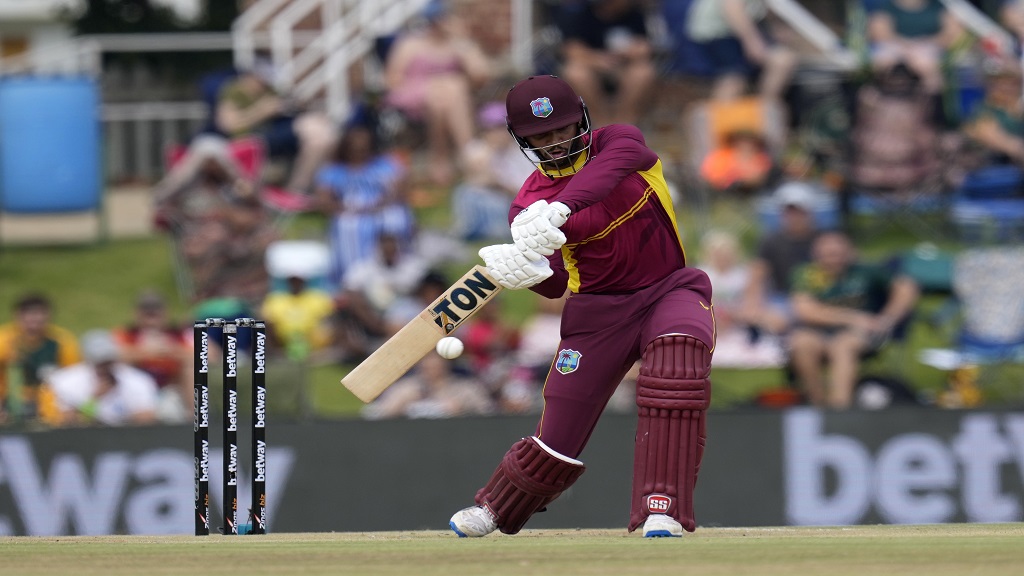 West Indies' batsman Brandon King plays a shot during the third One Day International cricket match against South Africa at Senwes Park, Potchefstroom, South Africa, Tuesday, March 21, 2023. (AP Photo/Themba Hadebe).


