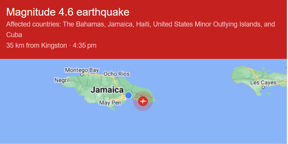 A magnitude 4.6 earthquake was felt in some parts of Jamaica