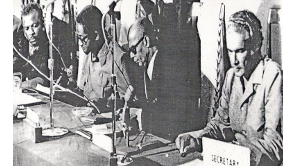 The founding fathers signing CARICOM treaty (Photo courtesy CARICOM Secretariat)
