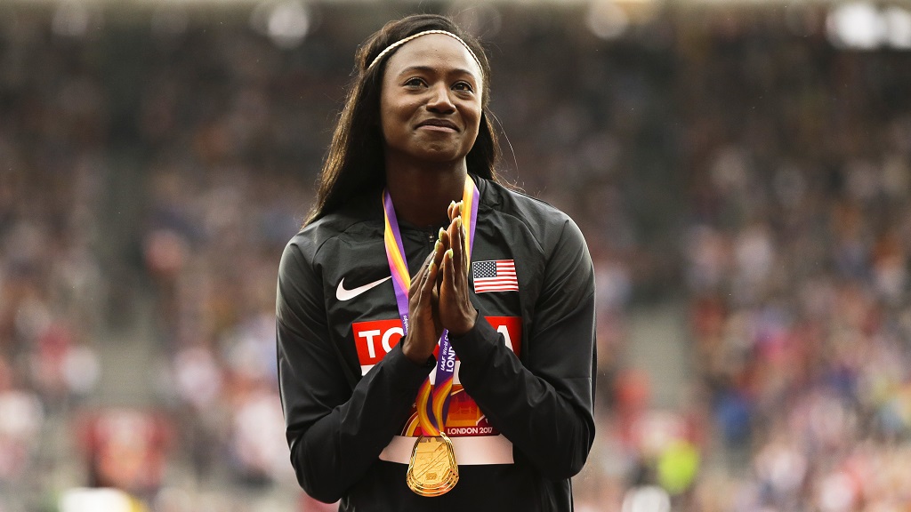 United States' Tori Bowie gestures after receiving the gold medal she acquired in the girls's 100m final at some stage in the World Athletics Championships in London, Monday, Aug. 7, 2017. She used to be stumbled on Tuesday in her Florida home. No reason leisurely demise used to be given. (AP Photo/Alastair Grant, File)