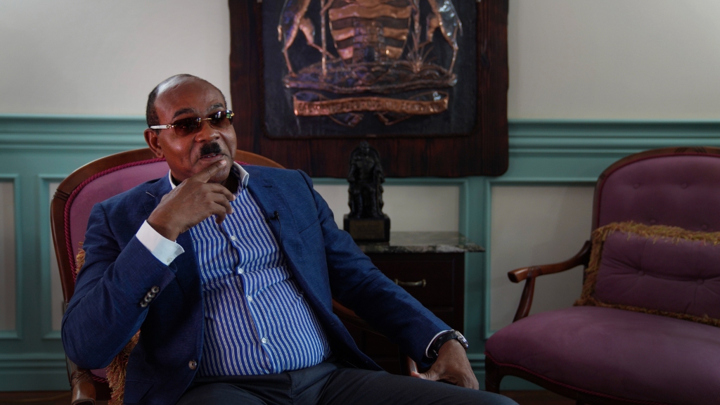 The Prime Minister of Antigua and Barbuda, Gaston Browne, speaks during an interview about his government’s policies granting the sacramental use of cannabis for the Rastafari community, on Friday, May 12, 2023, in St John’s, Antigua. (AP Photo/Jessie Wardarski)