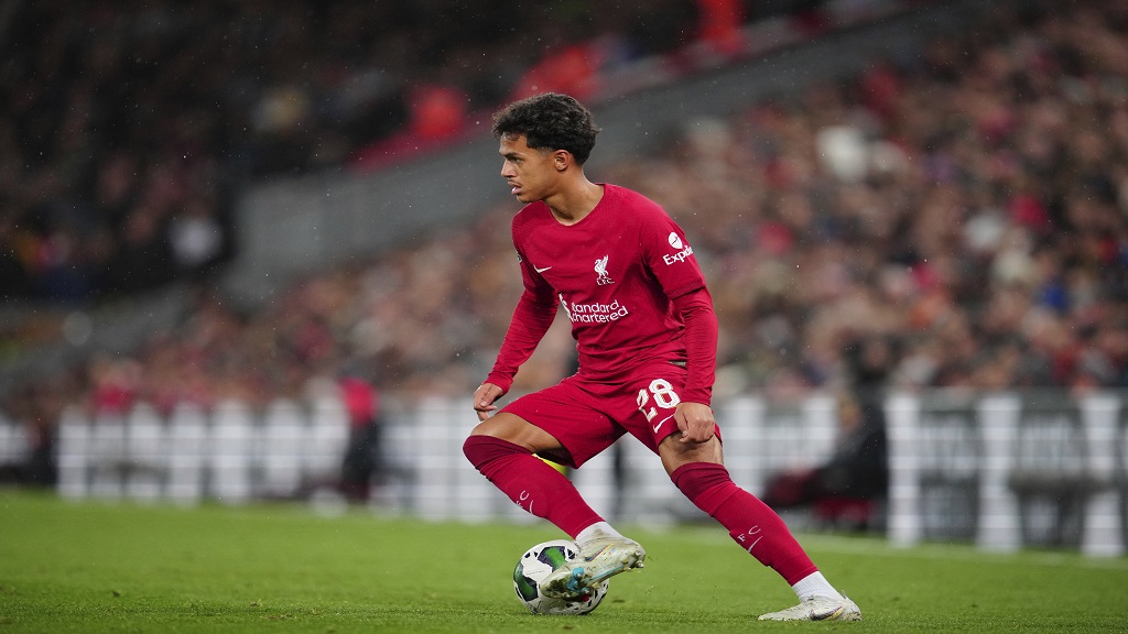 Fabio Carvalho of Liverpool takes the ball downfield during the English League Cup football match against Derby County, at Anfield Stadium, in Liverpool, England, on Nov. 9, 2022. Leipzig have signed Fábio Carvalho from Liverpool on a season-long loan after the promising midfielder lacked game time in the Premier League. (AP Photo/Jon Super, File).


