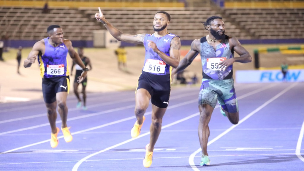 Andrew Hudson celebrates victory in the men's 200m at the National Senior and Junior Championships at the National Stadium on Sunday, July 9, 2023. (PHOTO: Marlon Reid).