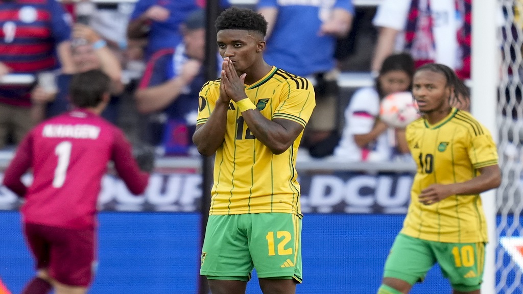 Jamaica forward Demarai Gray reacts to missing a penalty kick against Guatemala during a Concacaf Gold Cup semi-final football match, Sunday, July 9, 2023, in Cincinnati. (AP Photo/Michael Conroy).


