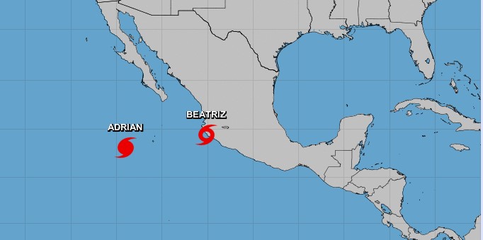 Hurricane Adrian and Tropical Storm Beatriz weakening off Mexico