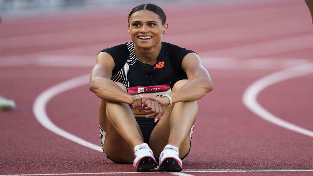 Sydney McLaughlin-Levrone smiles as she catches her breath after winning the women's 400m final during the U.S. track and field championships in Eugene, Ore., Saturday, July 8, 2023. (AP Photo/Ashley Landis).

