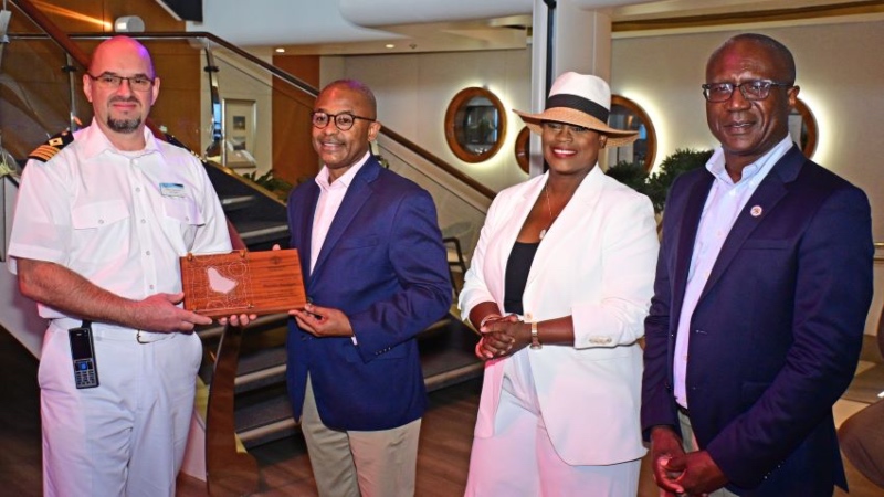Minister of Tourism, Ian Gooding-Edghill (second from left) tours the Marella Voyager with Barbados Tourism Marketing Inc (BTMI) Chairperson, Shelly Williams; Barbados Port Inc Chief Executive Officer, David Jean-Marie; and Chief Executive Officer of Foster and Ince Cruise Services, Martin Ince. (BGIS) 