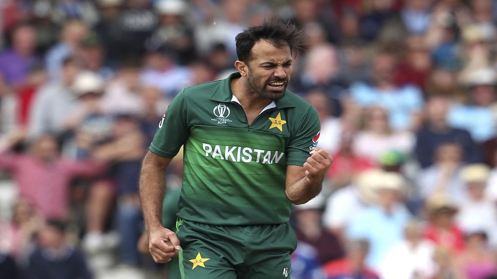 Pakistan's Wahab Riaz celebrates the dismissal of England's Jonny Bairstow during the Cricket World Cup match against England at Trent Bridge in Nottingham, Monday, June 3, 2019. The Pakistan Cricket Board has appointed the former international fast bowler as the head of selection committee. (AP Photo/Rui Vieira, File).