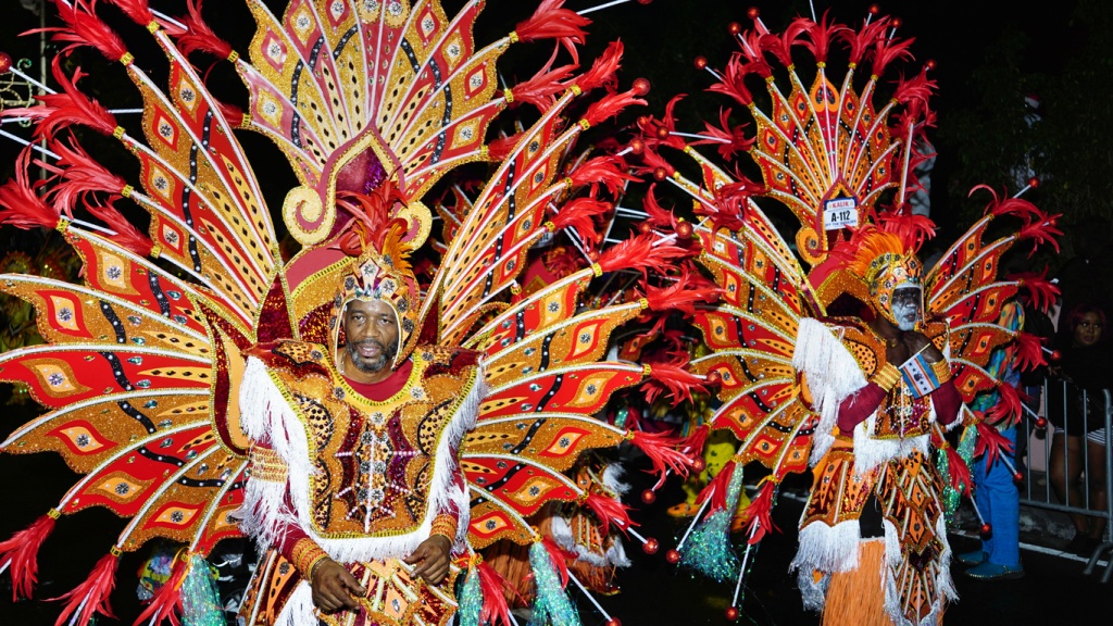 Men in a traditional costume during a Junkanoo parade in the Bahamas.
