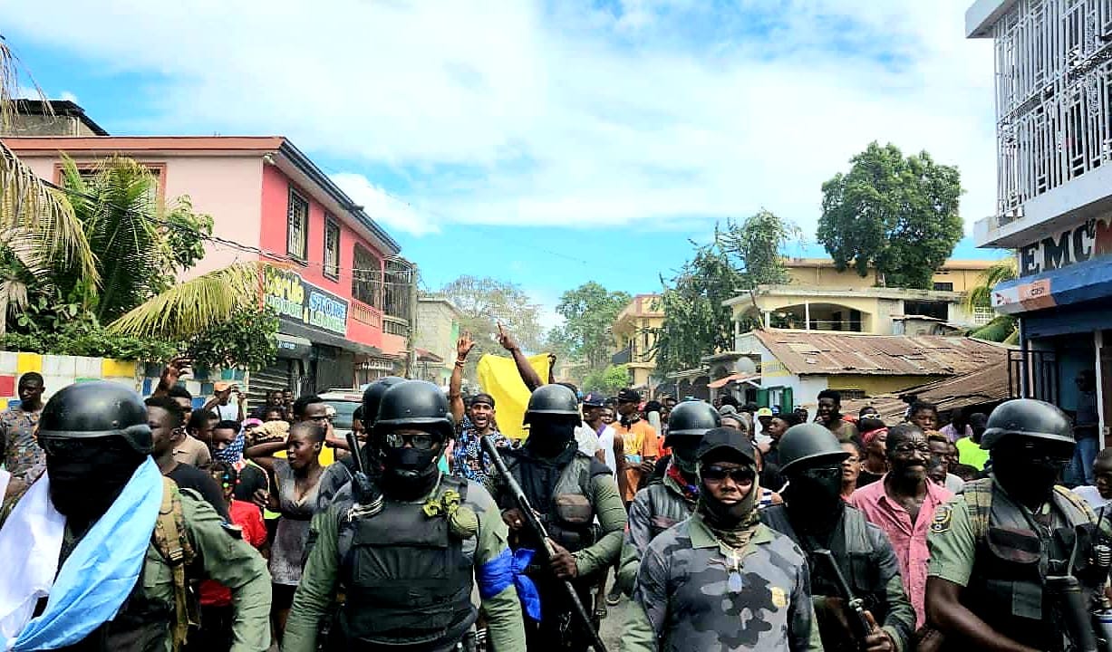 Agents of the Protected Areas Security Brigade (BSAP), accompanied by several hundred demonstrators.  Photo: Le Nouvelliste