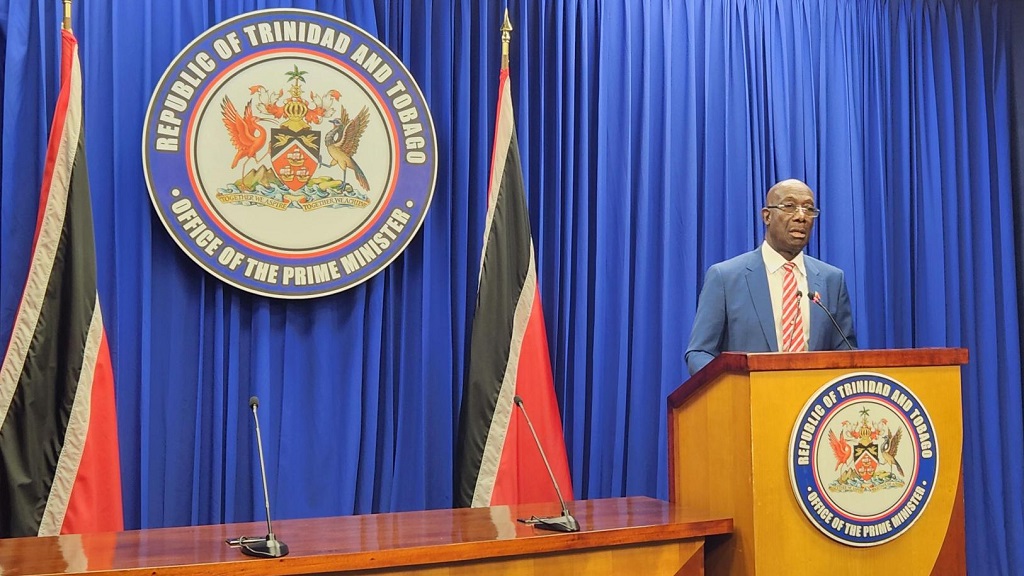 Prime Minister Dr Keith Rowley briefs media on a recent trip to Washington, DC which included meetings with US government officials including Vice President Kamala Harris. Photo: Alina Doodnath