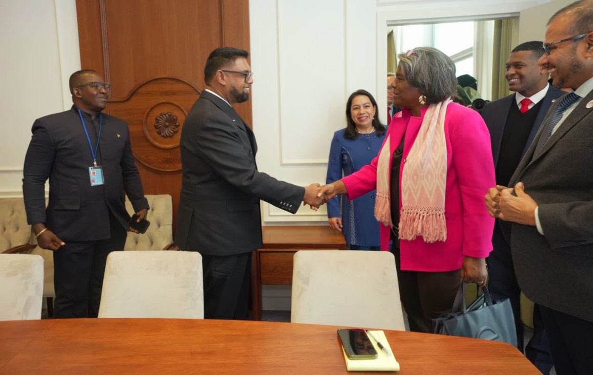 Irfaan Ali, President of Guyana shaking hands with United States Ambassador to the United Nations, Linda Thomas-Greenfield Photo: President Ali's X account