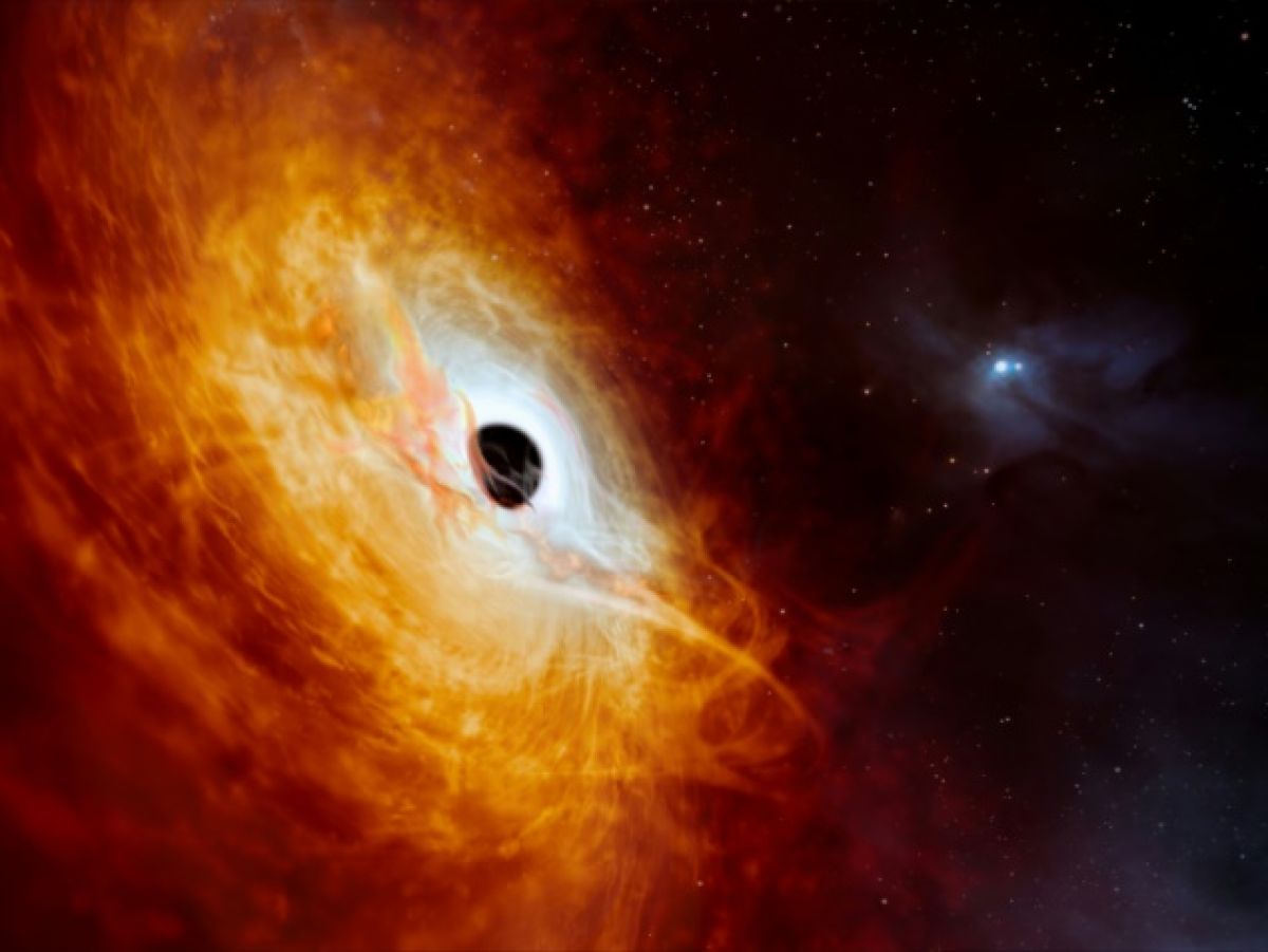 Artist's impression of the most luminous quasar ever detected, which houses in its core a supermassive black hole swallowing the equivalent of a Sun per day, in a photo transmitted by the European Southern Observatory on February 21, 2024 HANDOUT / EUROPEAN SOUTHERN OBSERVATORY/AFP 