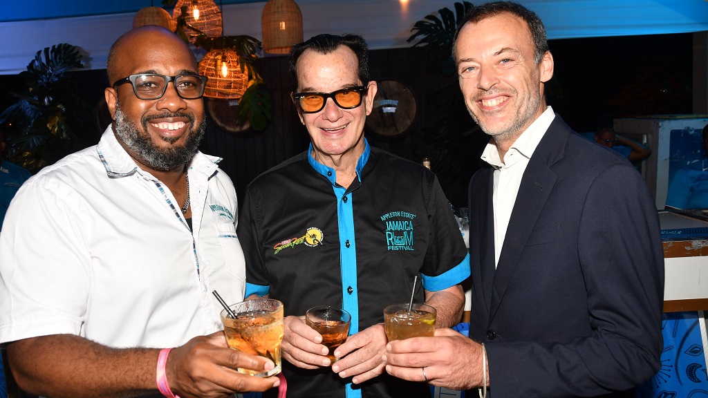 Raising a toast to the collaboration in between Appleton Estate Jamaica Rum Festival and Reggae Sumfest are (from left) Mark Telfer, brand name supervisor for Appleton Estate, Joe Bogdanovich, CEO of DownSound Entertainment, and Stefano Furini, marketing director of J Wray & & Nephew Limited.