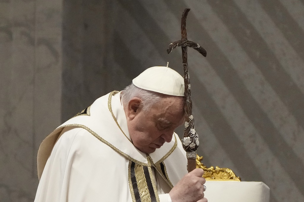 Pope Francis celebrates the Holy Chrism Mass in St Peter's Basilica at The Vatican, Thursday, March 28, 2024. (AP Photo/Gregorio Borgia)