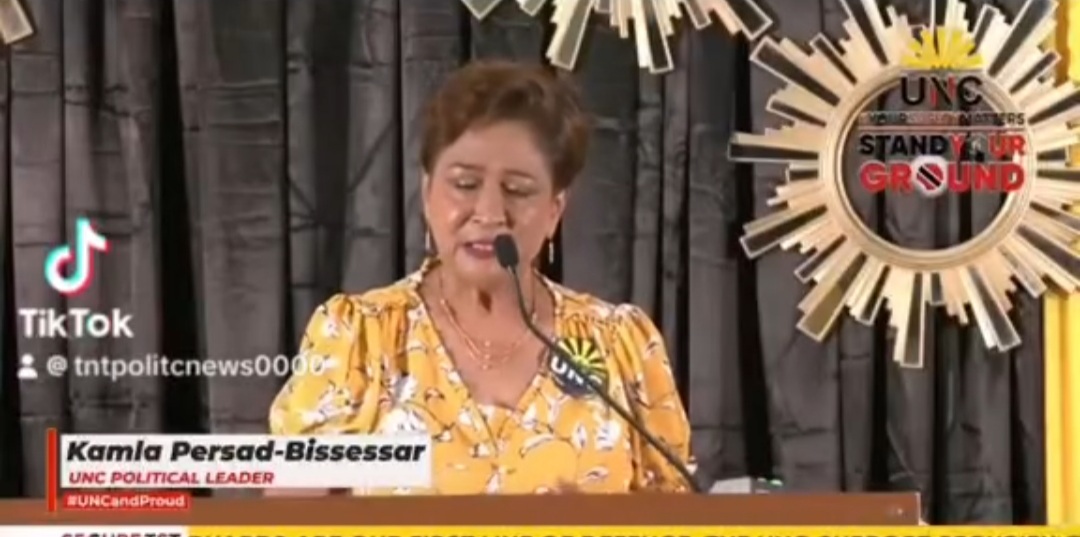 Screenshot: Opposition leader Kamla Persad-Bissessar at the UNC's Monday night report in Princes Town.