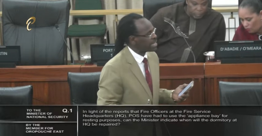 Screenshot: National Security Minister Fitzgerald Hinds responds to an urgent question in the Parliament on Friday.