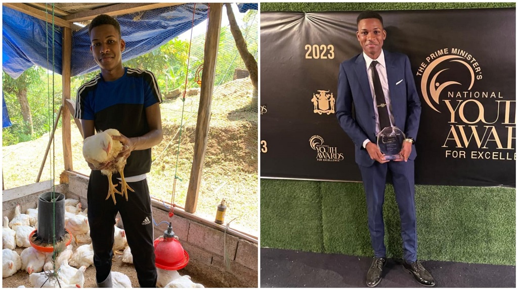 Carlton Bell Jr on his farm (left) and after receiving the Prime Minister's Youth Award for excellence in agriculture.