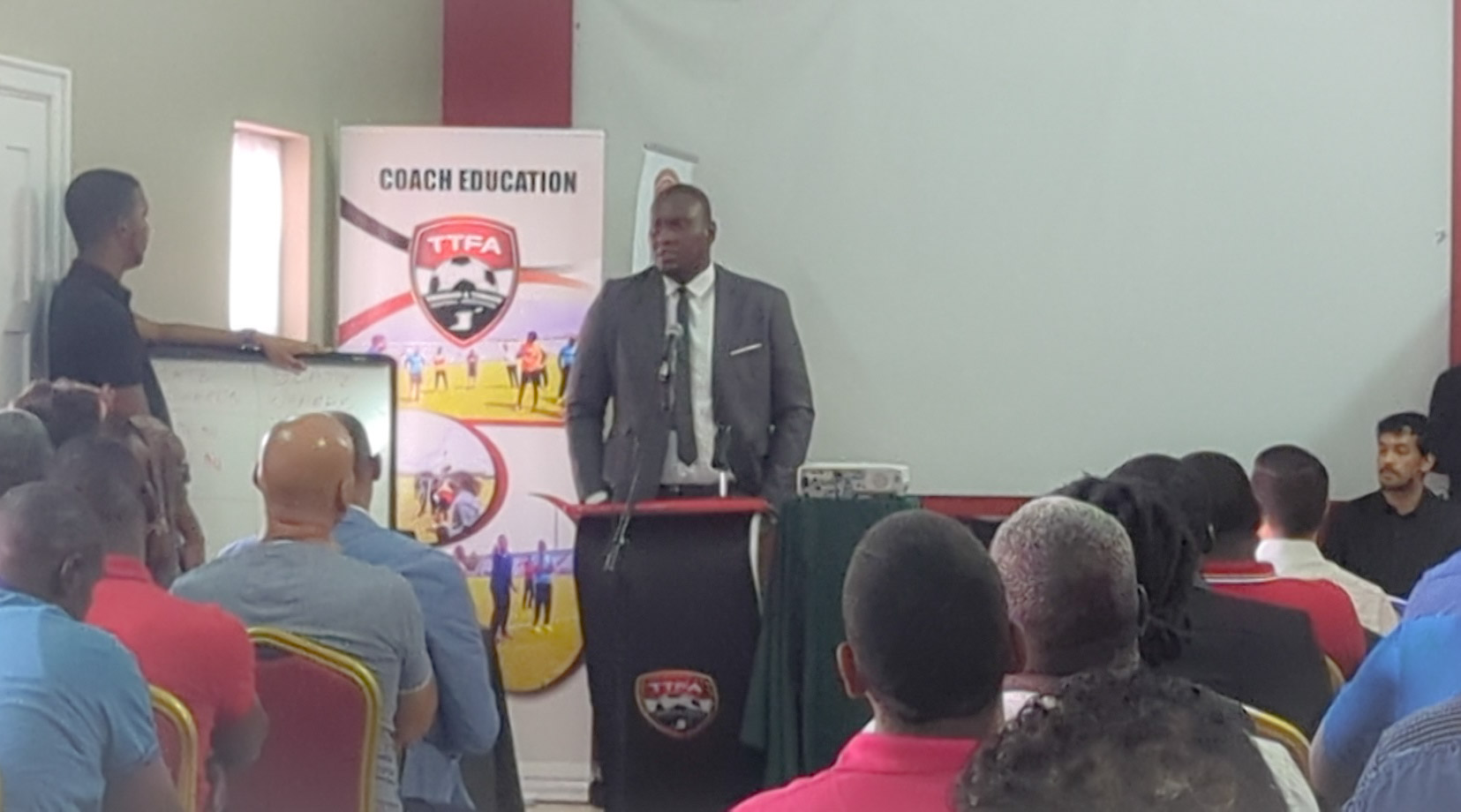 Kieron Edwards addresses the media after he was elected TTFA President at the organization's Elective Congress on Saturday at the Home of Football in Couva. (Photo credit - TTFA Media)