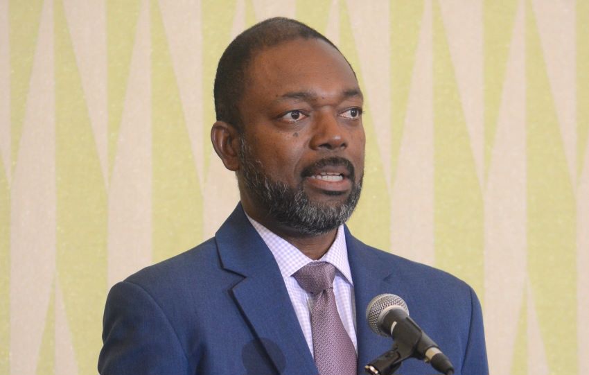  Minister of Labour, Social Security and the Third Sector, Colin Jordan, addressing the closing ceremony for the national symposium on Just Transition and Job Creation in the Green and Blue Economy, at Hilton Barbados, recently. (Photo credit: J. Bishop/BGIS)